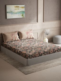 Ddecor Live Beautiful - Ethnic Queen 144 TC Bedsheet With 2 Pillow Covers - Grey