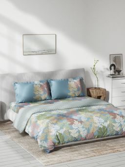 Ddecor Live Beautiful - Leaves Queen 144 TC Bedsheet And Double Quilt With 2 Pillow Covers - Blue