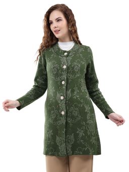 Monte Carlo - Women Beige Mandarin Neck Full Sleeves Knitted Olive Coat