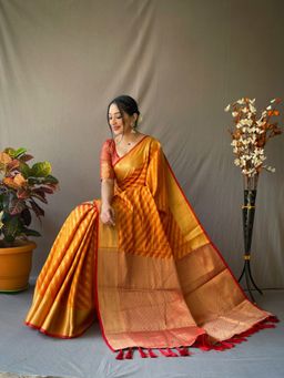 EXCLUSIVA - Mustard Patola Leheriya Saree with Unstitched