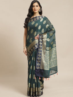Indethnic - Banarasi Teal Woven Design Work Wear Saree With Unstitched Blouse