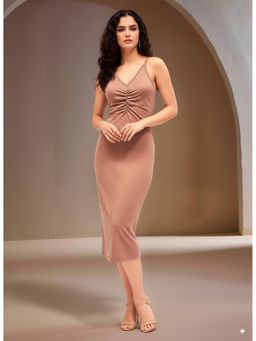Outzidr - Brown Sleeveless V Neck Solid Dress