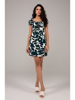 Outzidr - Black Short Sleeve Square Neck Printed Dress