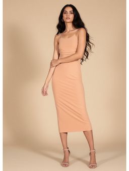 Outzidr - Beige Spaghetti Strap Round Neck Side Slit Dress