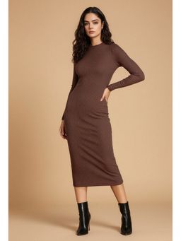 Outzidr - Brown Full Sleeve Round Neck Fitted Dress