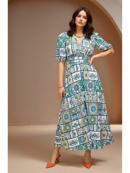 Outzidr - Blue Short Sleeve Abstract Print Dress