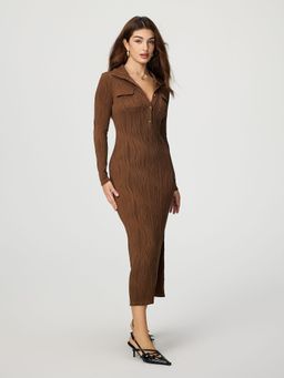 Outzidr - Brown Full Sleeve Collared Fitted Dress