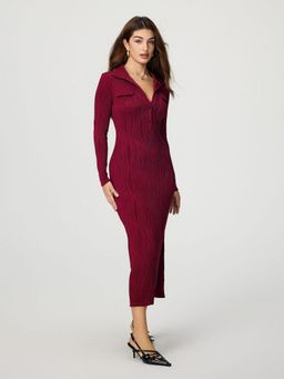 Outzidr - Maroon Full Sleeve Collared Fitted Dress