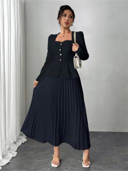 Outzidr - Navy Pleated Blazer Dress