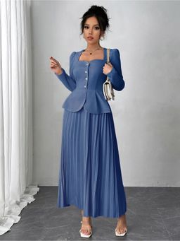 Outzidr - Blue Pleated Blazer Dress