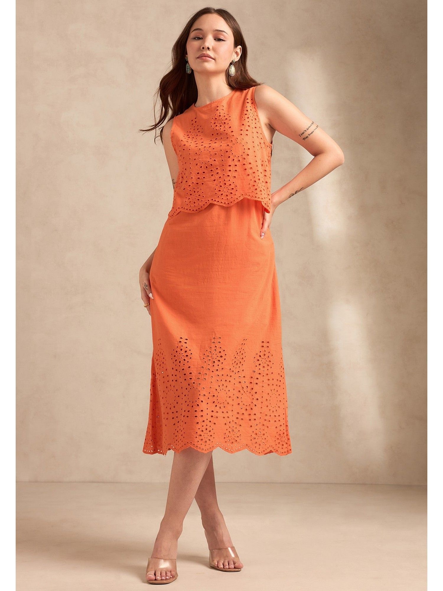 Orange Sleeveless Schiffli Midi Dress-image-11