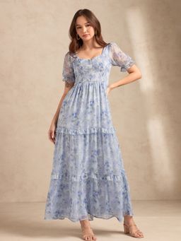 Outzidr - Blue Floral Printed Maxi Dress