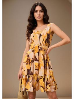 Outzidr - Yellow Shoulder Strap Abstract Printed Dress