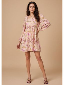 Outzidr - Beige Bishop Sleeve Round Neck Printed Dress