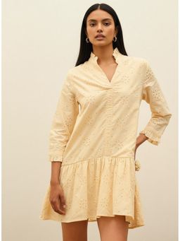 Outzidr - Beige Schiffli Mandarin Collar Ruffle Hem Dress