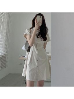 Outzidr - White Sinched Waist Shirt Dress