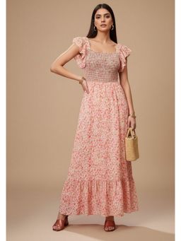 Outzidr - Peach Short Sleeve Square Neck Printed Dress