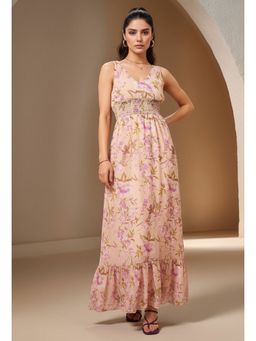 Outzidr - Beige Sleeveless Printed Flowy Dress