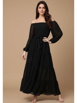 Outzidr - Black Bishop Sleeve Off Shoulder Dress