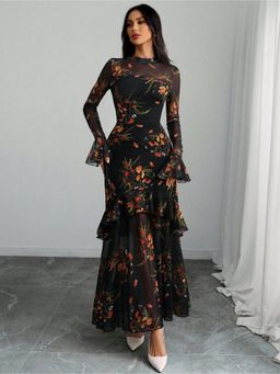 Outzidr - Black Bell Sleeves Printed Tiered Dress