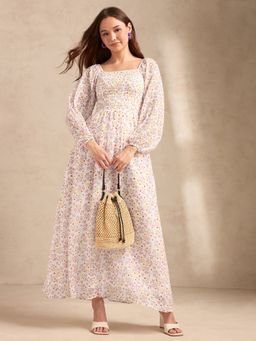 Outzidr - White Full Sleeves Printed Maxi Dress