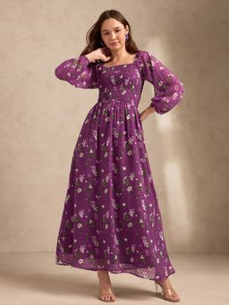 Outzidr - Purple Full Sleeves Printed Maxi Dress