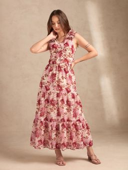 Outzidr - Multi Floral Printed Maxi Dress with Ruffle Detailing