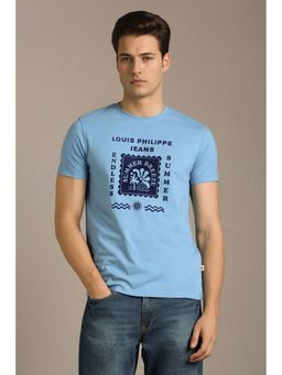 Louis Philippe - Men Light Blue Graphic Print Crew Neck T-Shirt