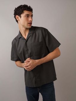 American Eagle - Men Grey Linen-Blend Button-Up Poolside Shirt