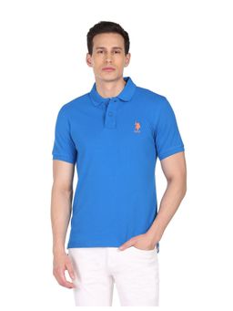 U.S. POLO ASSN. - Men Blue Cotton Pique Logo Solid Polo T-Shirt