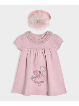 Mi Arcus - Cotton Round Neck Short Sleeve Pink Dress with Headband (Set of 2)