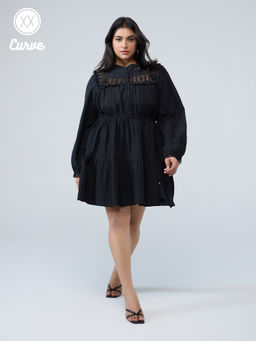 Twenty Dresses by Nykaa Fashion - Curve Black Solid Ruffled Mini Dress with Belt