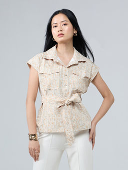 Twenty Dresses by Nykaa Fashion - Off White Printed Collared Shacket Shirt with Belt
