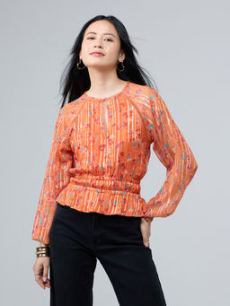 Twenty Dresses by Nykaa Fashion - Burnt Orange Floral Full Raglan Sleeves Peplum Top