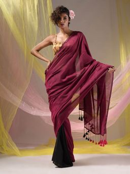 CHARUKRITI - Magenta and Black Colorblock Handloom Tassels Saree with Unstitched Blouse