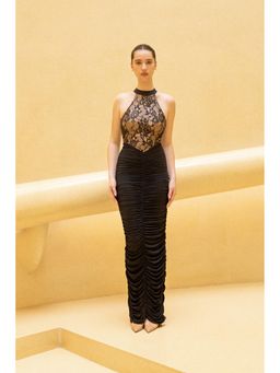SOTBELLA - Black Lace Halter Neck Ruched Evening Gown