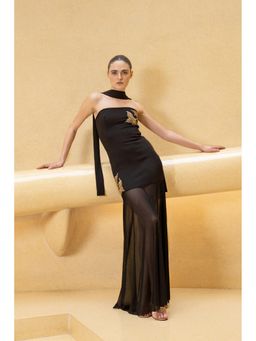 SOTBELLA - Black Strapless Sheer Panel Gown with Gold Embroidery