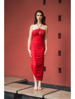 SOTBELLA - Red Halter Neck Ruched Gown with Embellished Bodice