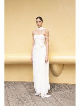 SOTBELLA - Ivory Draped Gown with Off-Shoulder Pearl Straps