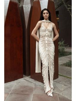 SOTBELLA - Beige Ruched Maxi Dress with Stole