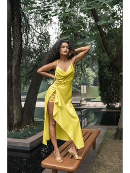 SOTBELLA - Lemon Yellow Draped Midi Dress with Lace Detail
