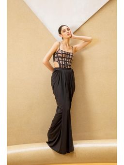 SOTBELLA - Black Draped Gown with Grid Corset Bodice