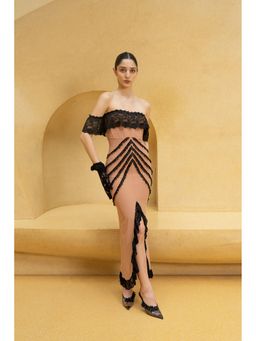 SOTBELLA - Light Brown Off-Shoulder Dress with Black Lace Detailing