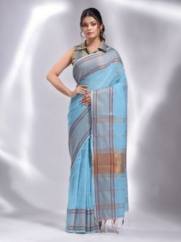 CHARUKRITI - Sky Blue Pure Cotton Handwoven Temple Border Saree with Unstitched Blouse