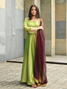 Vinya - Green Silk Georgette Fit and Flare Dress with Organza Dupatta (Set of 2)