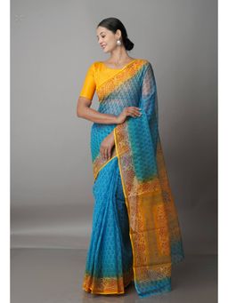 Unnati Silks - Blue Pure Block Printed Kota Cotton Saree with Unstitched Blouse