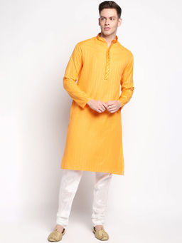 Devoiler - Men Self Design Orange Cotton Kurta