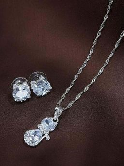 I Jewels - Rhodium Plated American Diamond CZ Zircon Chain Pendant Necklace Set
