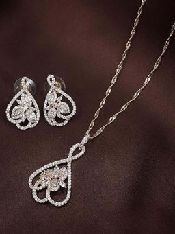 I Jewels - Rose Gold Plated American Diamond CZ Zircon Chain Pendant Necklace Set