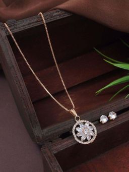 I Jewels - Rose Gold Plated CZ American Diamond Chain Pendant Necklace Set